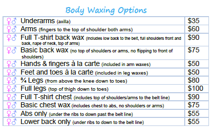 Body Waxing Fees at River Rock In Eau Claire, Wisconsin. Fees for Underarm wax, nose wax, ear wax, leg wax, arm wax, back wax, in Eau Claire, Wisconsin